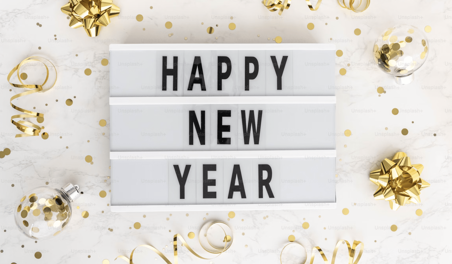 happy new year sign with gold decoration