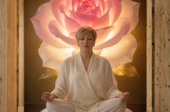 Life mentor Sahar Huneidi Palmer siting in meditation position in front of a large pink rose, the cover of her The Pink Rose Guided Meditation