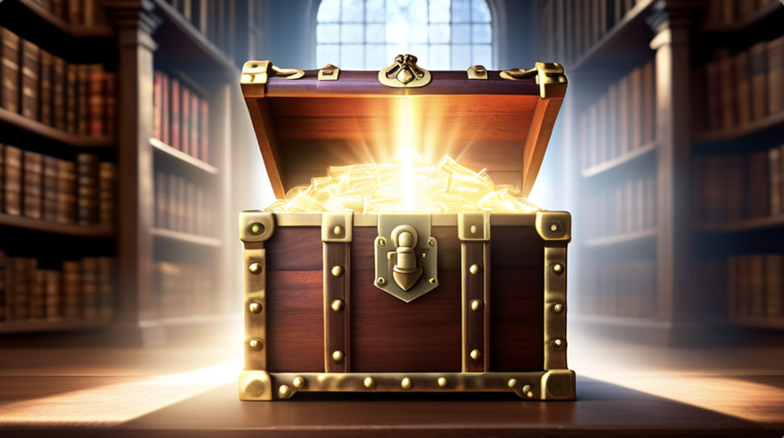 treasure chest with golden light shining out of it