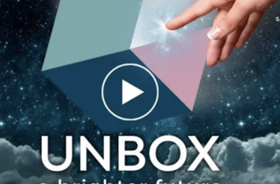 Hand touching an illuminated point on an abstract 3D cube against a cosmic starry background with clouds below. Text reads “UNBOX a brighter future with Sahar”. There is a play button symbol over the cube, indicating it is a video thumbnail or course cover.