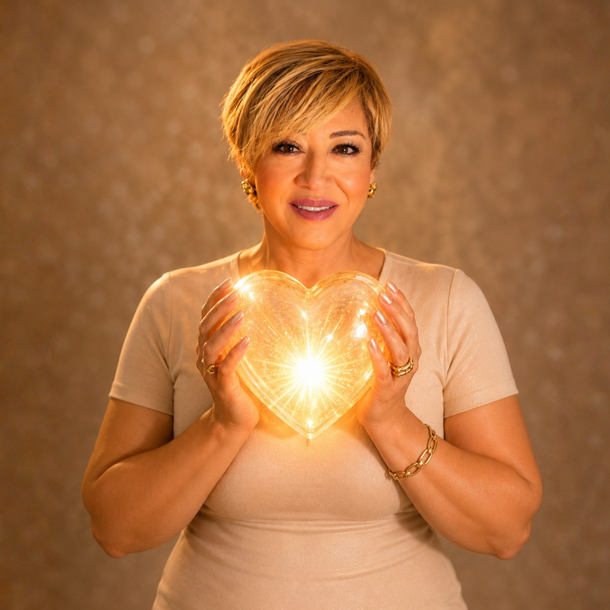 Life mentor Sahar Huneidi Palmer holding a yelloow crystal heart on the cover of her The Love Webinar