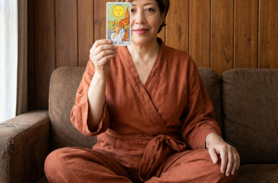 Mentor Sahar Huneid Palmer sitting on sofa holding tarot crd for her course Tarot for self transformation