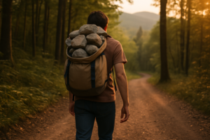 man carrying bacpac full of heavy rocs