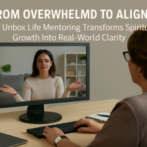 A professional woman seen from behind, seated at a desk in a bright office, guiding a virtual client session on her desktop computer. The screen shows a smiling client in conversation—illustrating Unbox Life Mentoring as a grounded, intuitive, and online experience