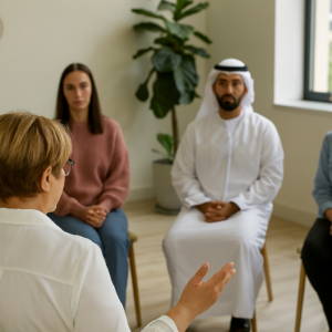 Horizontal image of Sahar Huneidi Palmer, seen from the back in a smart-casual outfit, leading a mentoring session with a diverse group seated in a semi-circle, including an Emirati man in traditional dress, inside a serene, modern room with natural light