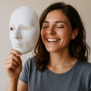 A young woman takes off a white amask and looks happy and smiling