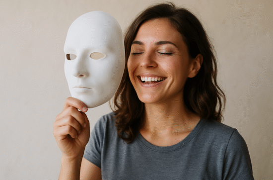 A young woman takes off a white amask and looks happy and smiling