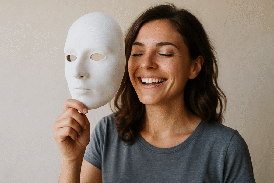 A young woman takes off a white amask and looks happy and smiling