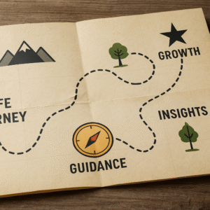 an image showing a path, and a compass on a map, a life map