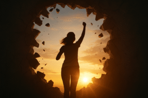 Silhouette of a woman breaking through a wall at sunrise, symbolising the clarity and freedom felt after an Unbox Discovery Session.