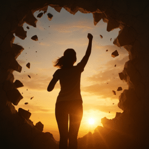 Silhouette of a woman breaking through a wall at sunrise, symbolising the clarity and freedom felt after an Unbox Discovery Session.