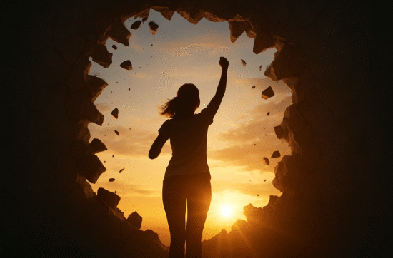 Silhouette of a woman breaking through a wall at sunrise, symbolising the clarity and freedom felt after an Unbox Discovery Session.