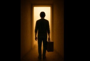 A silhouetted man stands in front of a glowing doorway holding a suitcase, symbolising release and transition. Text reads “YOU’RE NOT STUCK! S25E23” alongside Unbox The Podcast branding.