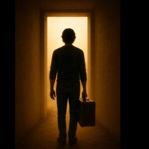 A silhouetted man stands in front of a glowing doorway holding a suitcase, symbolising release and transition. Text reads “YOU’RE NOT STUCK! S25E23” alongside Unbox The Podcast branding.