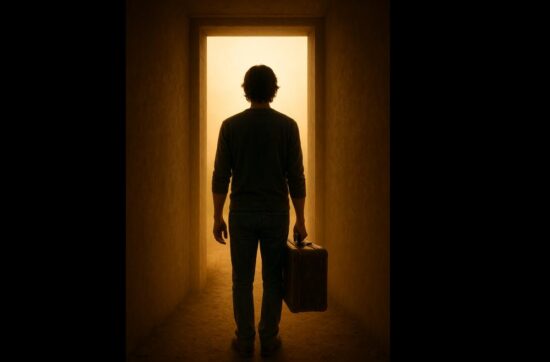 A silhouetted man stands in front of a glowing doorway holding a suitcase, symbolising release and transition. Text reads “YOU’RE NOT STUCK! S25E23” alongside Unbox The Podcast branding.