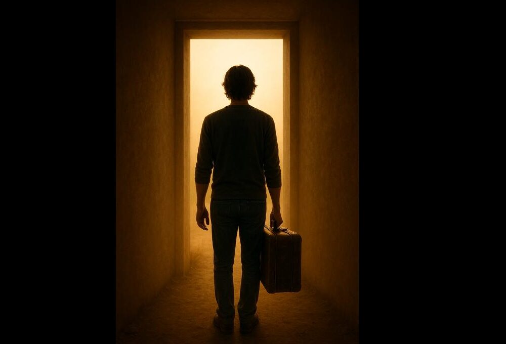 A silhouetted man stands in front of a glowing doorway holding a suitcase, symbolising release and transition. Text reads “YOU’RE NOT STUCK! S25E23” alongside Unbox The Podcast branding.