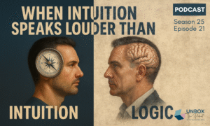 Split-image of two male profiles—left side shows a man with a compass symbolising intuition, right side shows a man with an exposed brain representing logic. Caption reads ‘When Intuition Speaks Louder Than Logic’.