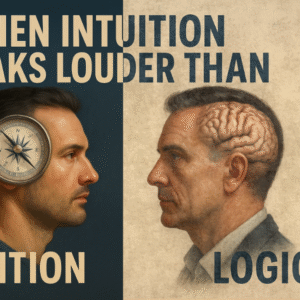 Split-image of two male profiles—left side shows a man with a compass symbolising intuition, right side shows a man with an exposed brain representing logic. Caption reads ‘When Intuition Speaks Louder Than Logic’.
