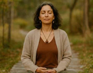 wise woman sitting in nature meditating
