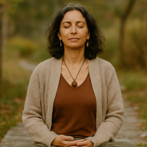wise woman sitting in nature meditating
