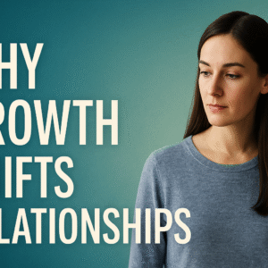 A woman with long dark hair looks pensively to the side against a teal background. Bold white text reads “Why Growth Shifts Relationships,” capturing the emotional weight of personal change and relationship dynamics.