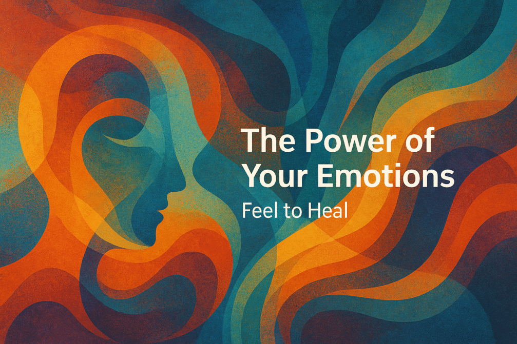 Abstract digital artwork in warm and cool tones, showing a silhouette of a woman's face surrounded by flowing shapes and waves, symbolising emotional energy and inner reflection.
