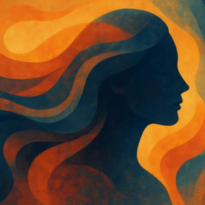 Abstract silhouette of a woman in warm and cool tones, symbolising inner reflection, self-discovery, and personal transformation after motherhood