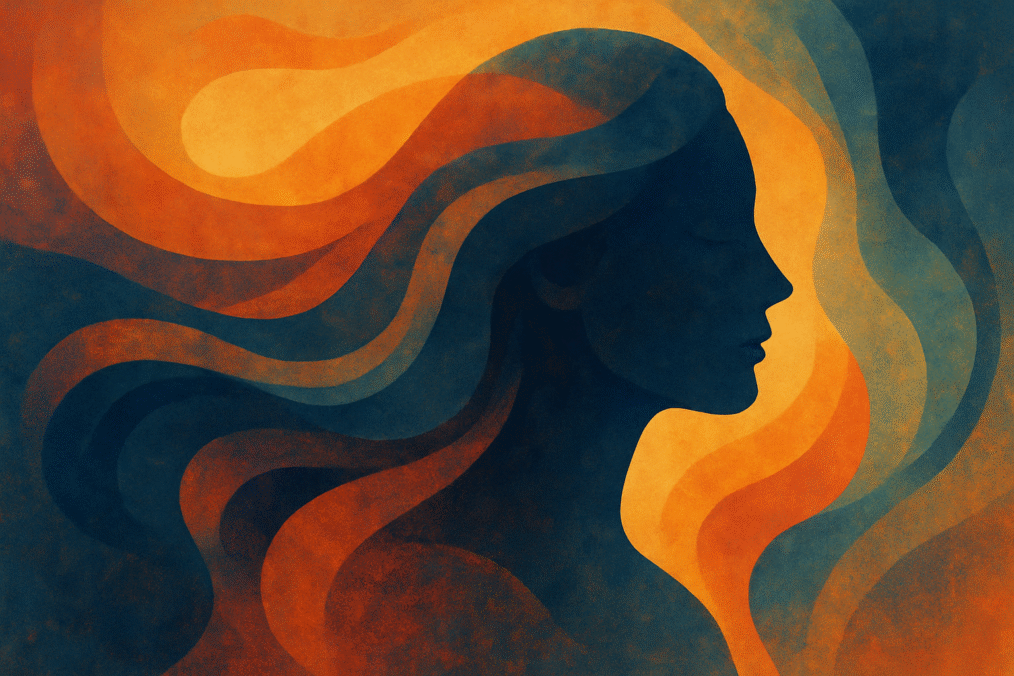 Abstract silhouette of a woman in warm and cool tones, symbolising inner reflection, self-discovery, and personal transformation after motherhood
