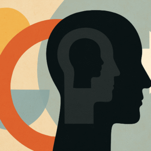 Abstract digital illustration showing a human silhouette with a smaller profile inside, surrounded by bold geometric shapes and a white arrow pointing right—symbolising inner reflection, growth, and realignment with one’s true self.