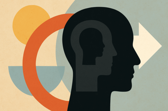 Abstract digital illustration showing a human silhouette with a smaller profile inside, surrounded by bold geometric shapes and a white arrow pointing right—symbolising inner reflection, growth, and realignment with one’s true self.