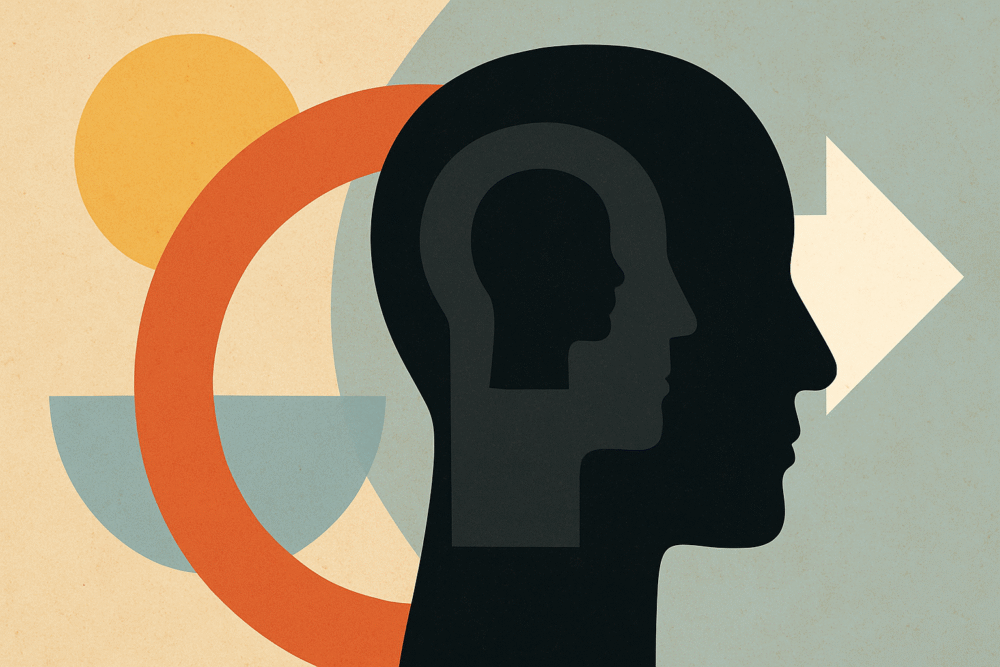 Abstract digital illustration showing a human silhouette with a smaller profile inside, surrounded by bold geometric shapes and a white arrow pointing right—symbolising inner reflection, growth, and realignment with one’s true self.