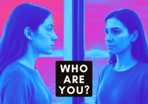 bold coloured image of young woman looking at her reflection in a mirror
