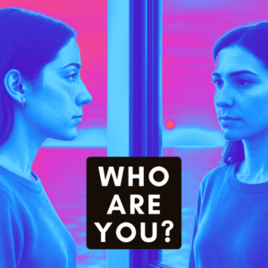 bold coloured image of young woman looking at her reflection in a mirror