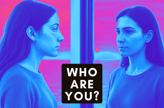 bold coloured image of young woman looking at her reflection in a mirror