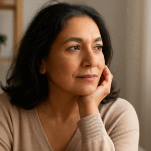 serene middleaged woman looking out inot space, wondering what is her next move