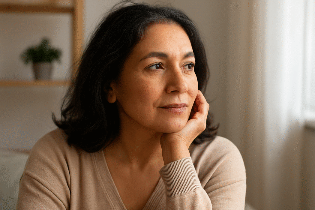 serene middleaged woman looking out inot space, wondering what is her next move