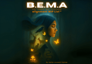 Illustration of the BEMA Alignment WIP List™ by Sahar Huneidi Palmer. A serene woman in profile, eyes closed, surrounded by glowing butterflies, forest animals, and mystical symbols representing Body, Emotions, Mind, and Accountability.