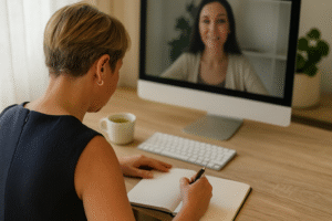 A woman with short light brown hair and blonde highlights sits at a wooden desk, writing in a notebook during an online mentoring session. She faces a large computer screen showing a female client on a video call. A cup of herbal tea and a keyboard are on the desk, with soft natural light coming through a window.