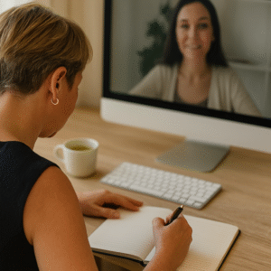 A woman with short light brown hair and blonde highlights sits at a wooden desk, writing in a notebook during an online mentoring session. She faces a large computer screen showing a female client on a video call. A cup of herbal tea and a keyboard are on the desk, with soft natural light coming through a window.