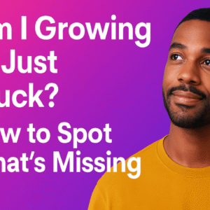 A vibrant YouTube thumbnail featuring a smiling Black man in a mustard yellow shirt, looking upwards thoughtfully. The background is a bright pink-to-purple gradient. Bold white text on the left reads, "Am I Growing or Just Stuck? How to Spot What’s Missing." The bottom right displays the Unbox The Podcast logo with Sahar Huneidi Palmer's name and “since 2005.