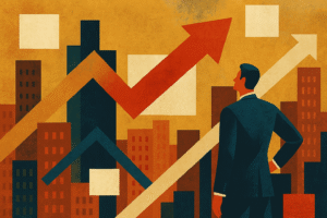A digital illustration in a semi-abstract, geometric style showing a businessman in a dark suit standing in the lower right corner, thoughtfully observing a stylised cityscape of layered buildings in warm earthy tones. Bold arrows in red, beige, and navy cut across the scene, symbolising market trends or strategic growth, evoking a sophisticated aesthetic