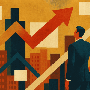 A digital illustration in a semi-abstract, geometric style showing a businessman in a dark suit standing in the lower right corner, thoughtfully observing a stylised cityscape of layered buildings in warm earthy tones. Bold arrows in red, beige, and navy cut across the scene, symbolising market trends or strategic growth, evoking a sophisticated aesthetic