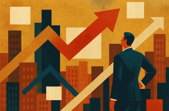 A digital illustration in a semi-abstract, geometric style showing a businessman in a dark suit standing in the lower right corner, thoughtfully observing a stylised cityscape of layered buildings in warm earthy tones. Bold arrows in red, beige, and navy cut across the scene, symbolising market trends or strategic growth, evoking a sophisticated aesthetic