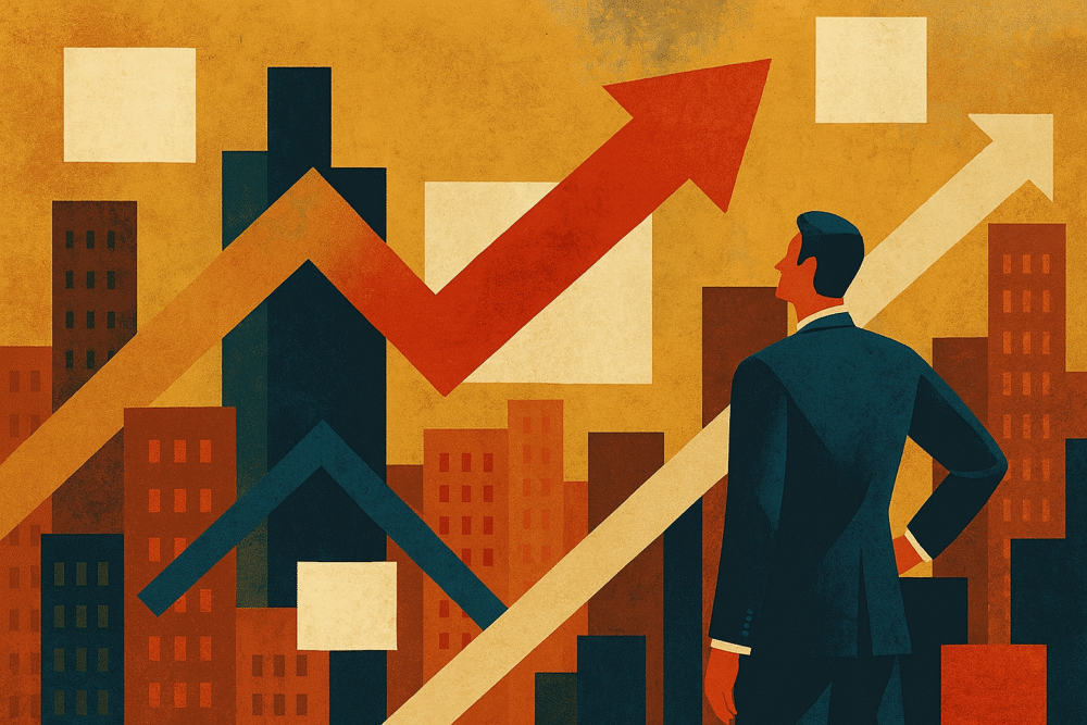 A digital illustration in a semi-abstract, geometric style showing a businessman in a dark suit standing in the lower right corner, thoughtfully observing a stylised cityscape of layered buildings in warm earthy tones. Bold arrows in red, beige, and navy cut across the scene, symbolising market trends or strategic growth, evoking a sophisticated aesthetic