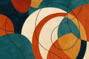 Abstract contemporary digital artwork featuring bold overlapping shapes in teal, burnt orange, mustard yellow, and cream, intersected by sweeping black lines, creating a harmonious balance of warm and cool tones.