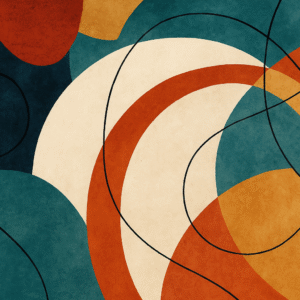 Abstract contemporary digital artwork featuring bold overlapping shapes in teal, burnt orange, mustard yellow, and cream, intersected by sweeping black lines, creating a harmonious balance of warm and cool tones.