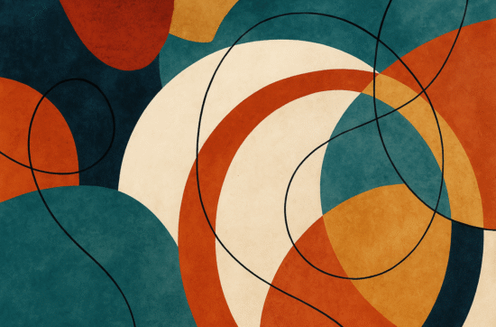 Abstract contemporary digital artwork featuring bold overlapping shapes in teal, burnt orange, mustard yellow, and cream, intersected by sweeping black lines, creating a harmonious balance of warm and cool tones.