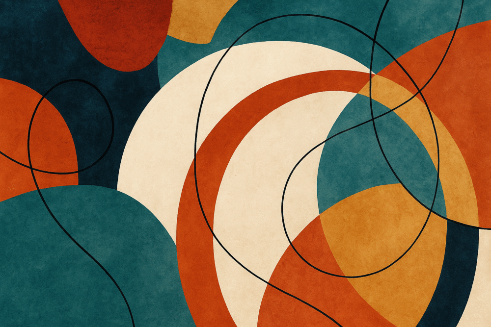 Abstract contemporary digital artwork featuring bold overlapping shapes in teal, burnt orange, mustard yellow, and cream, intersected by sweeping black lines, creating a harmonious balance of warm and cool tones.