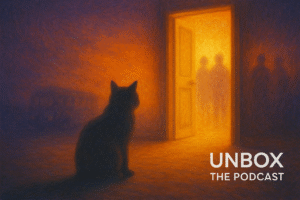 A silhouetted cat sits in a dimly lit room facing an open doorway glowing with golden light, where blurred human figures stand, with the text “UNBOX THE PODCAST” at the bottom right.