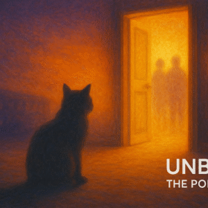 A silhouetted cat sits in a dimly lit room facing an open doorway glowing with golden light, where blurred human figures stand, with the text “UNBOX THE PODCAST” at the bottom right.